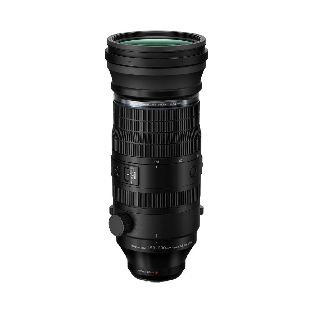 Black telephoto zoom lens shown from front angle against white background, displaying barrel, focus ring, and lens markings.