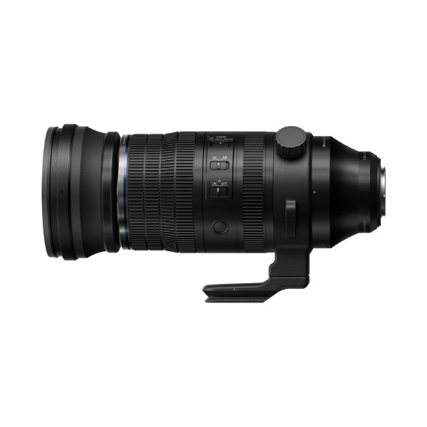 Black telephoto zoom lens with focus ring and control buttons, shown from the side against a white background.