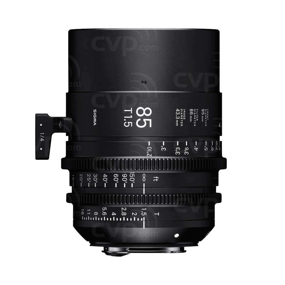 Black Sigma 85mm T1.5 cinema lens shown from front angle with focus and aperture markings visible, mounted on Sony E.