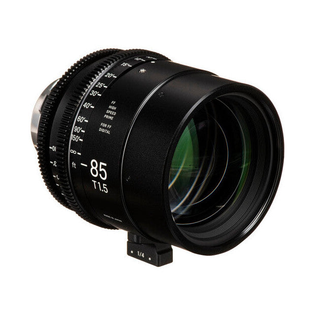 Black Sigma 85mm T1.5 cinema lens shown from the side angle, displaying focal length markings and focus ring against white background.