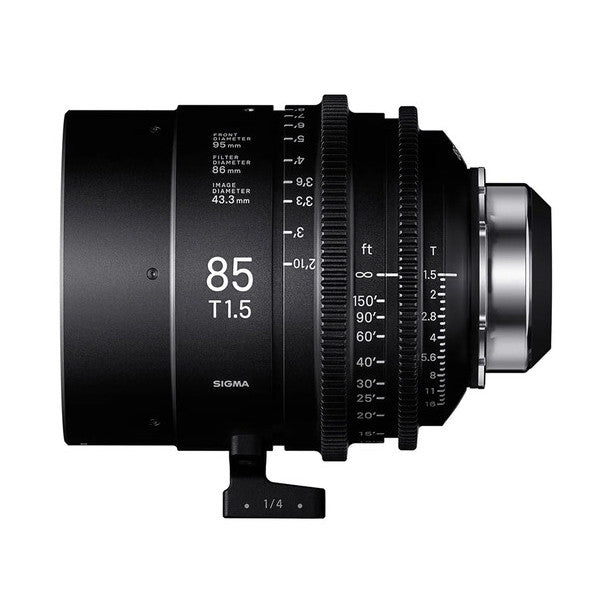 Side view of Sigma 85mm T1.5 cinema lens showing focus ring, aperture markings, and Sony E mount on black background.