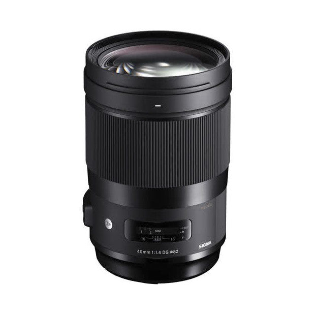 Black Sigma 40mm f/1.4 Art lens shown from front angle against white background, displaying lens barrel and front element.