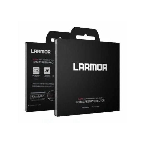 Two black Larmor LCD screen protector boxes displayed at angles, showing product packaging with white text and branding.