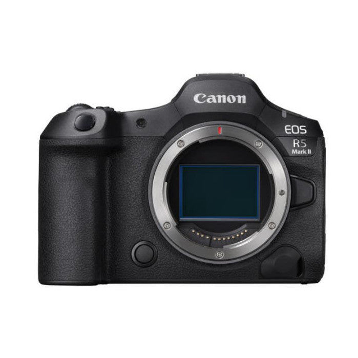 Front view of Canon EOS R5 Mark II mirrorless camera body showing lens mount and screen display against white background.