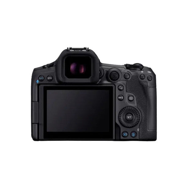 Rear view of Canon EOS R5 II mirrorless camera showing LCD screen, electronic viewfinder, and control buttons