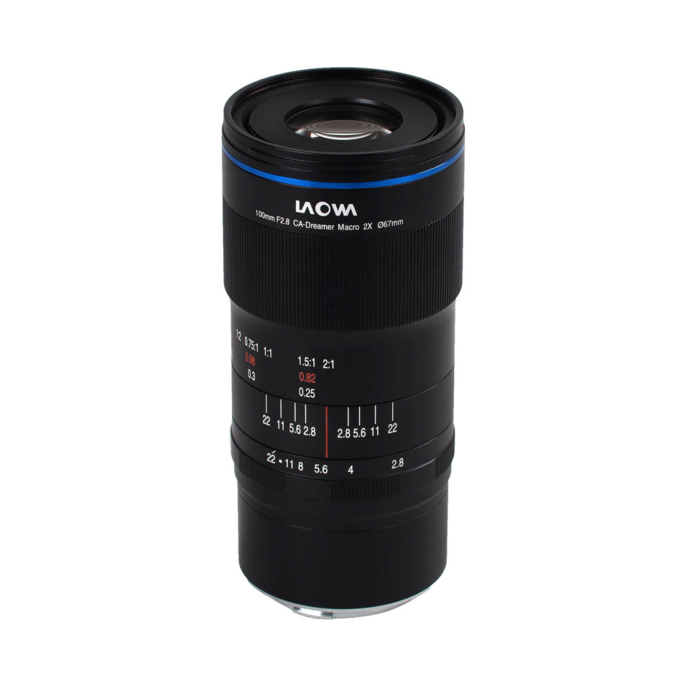 Black macro lens with blue accent ring, displayed against white background showing front view with focus ring and aperture markings visible.