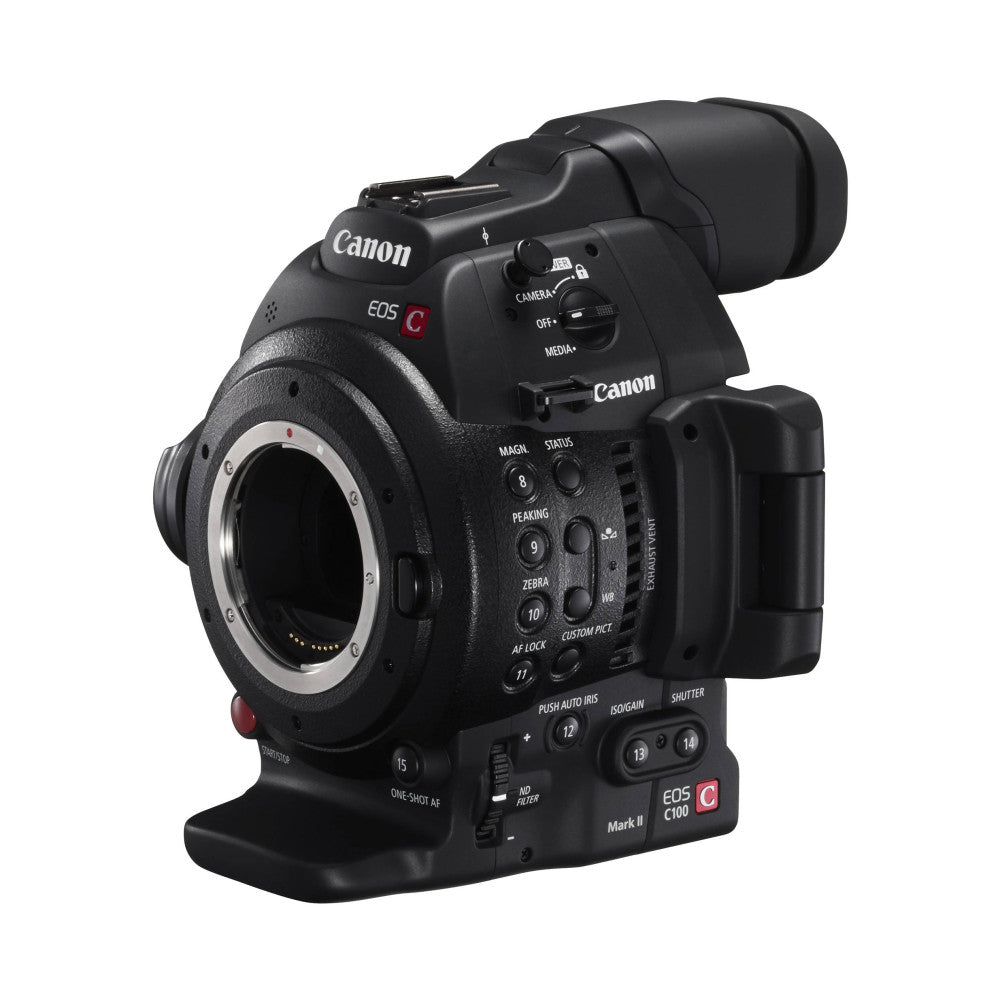 Canon EOS C100 Mark II cinema camera shown from a three-quarter front view, displaying the lens mount, grip, and control buttons.