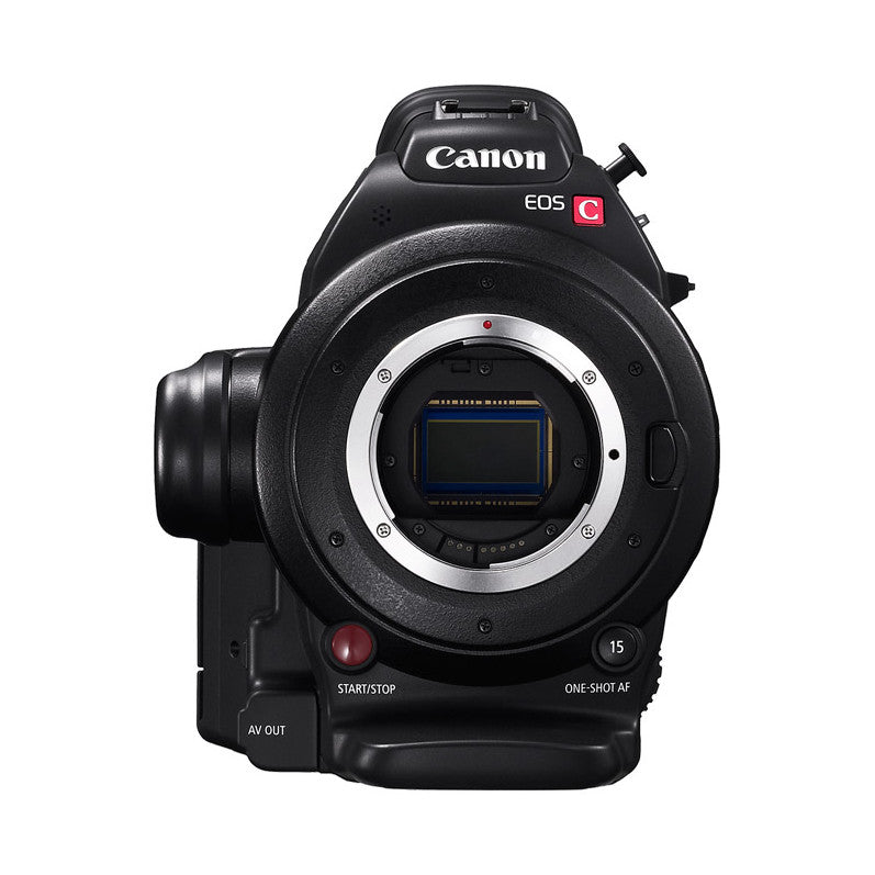 Front view of Canon EOS C100 Mark II digital video camera showing lens mount, sensor, and control buttons against white background.