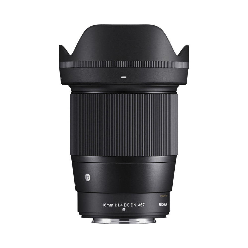 Black Sigma 16mm f/1.4 lens shown from front view with lens hood attached, displaying focus ring and product specifications on barrel.