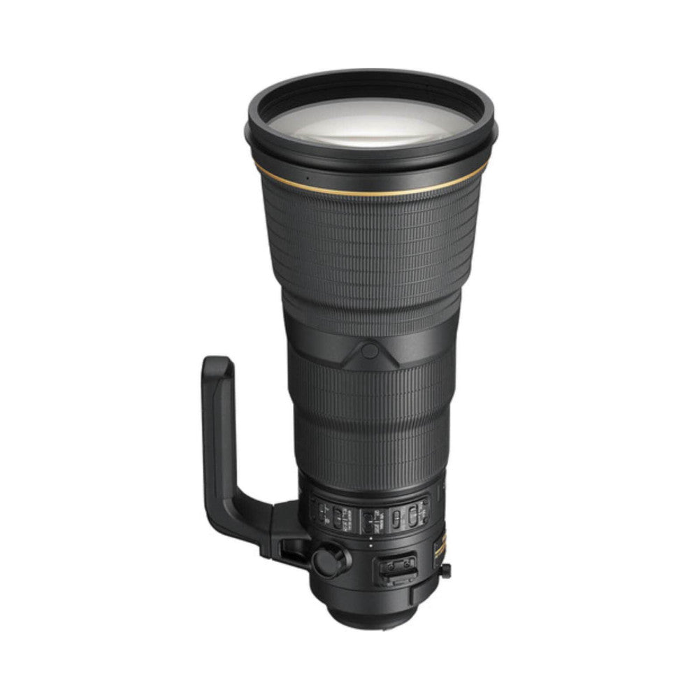 Black telephoto lens with gold accents shown from side angle against white background, displaying barrel, focus ring, and tripod collar.