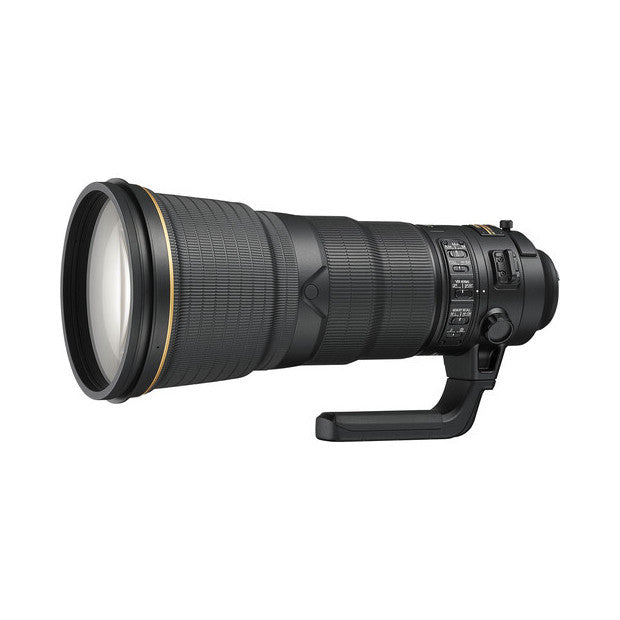 Black telephoto lens with gold accents shown from the side, displaying the barrel, focus ring, and control buttons on a white background.