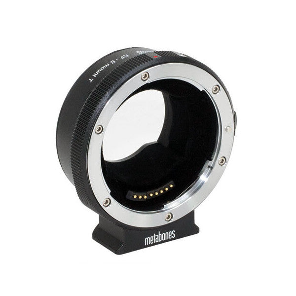 Metabones Canon EF to Sony E mount adapter shown at an angle, displaying the silver metal mount ring, black lens barrel, and base with product branding.