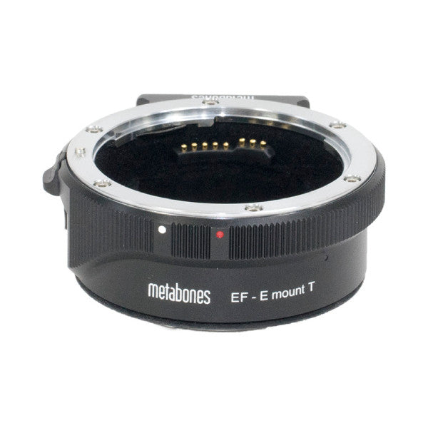 Metabones EF-E mount T adapter shown from front angle, displaying metal bayonet ring, textured rubber grip, and gold electrical contacts inside opening.