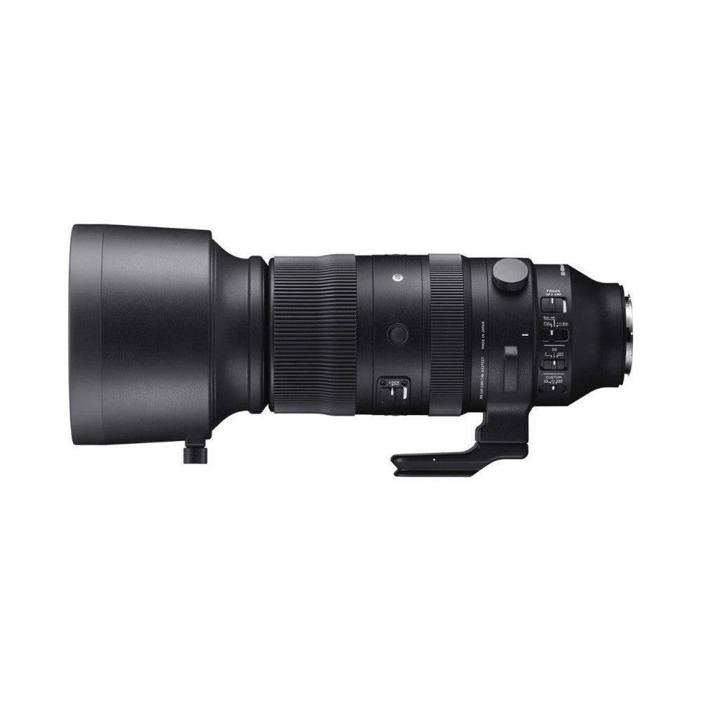 Side view of a black telephoto lens with extended barrel, focusing ring, and control buttons visible on the right side.