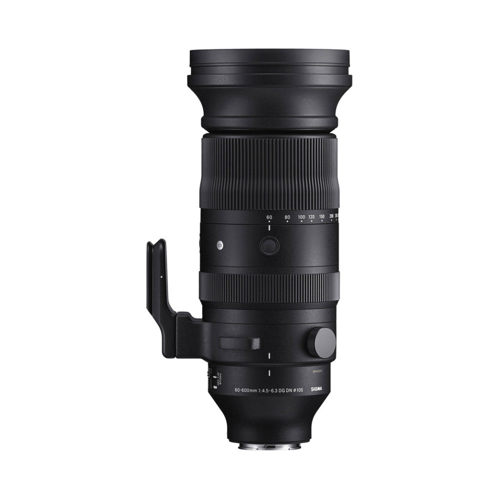 Black telephoto zoom lens shown from front angle with focus ring, zoom ring, and tripod collar visible against white background.