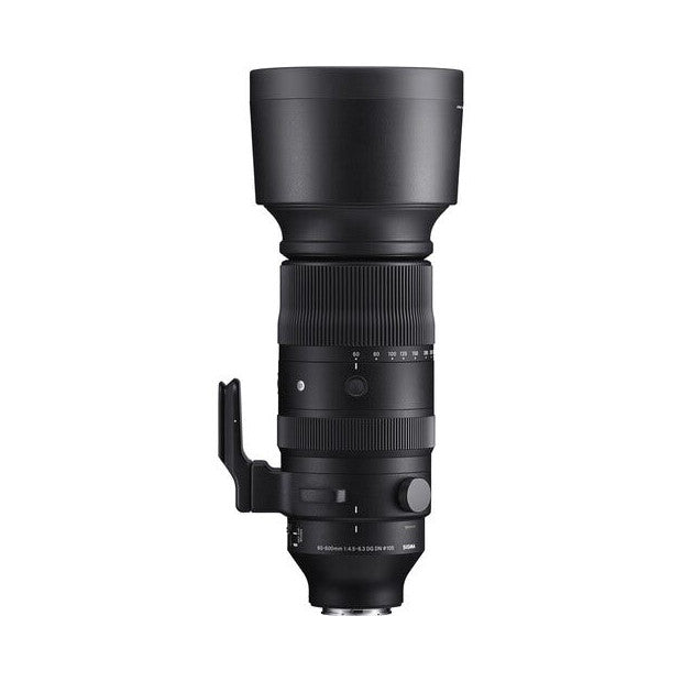 Black telephoto zoom lens shown from front view against white background, displaying barrel, focus ring, and lens hood.