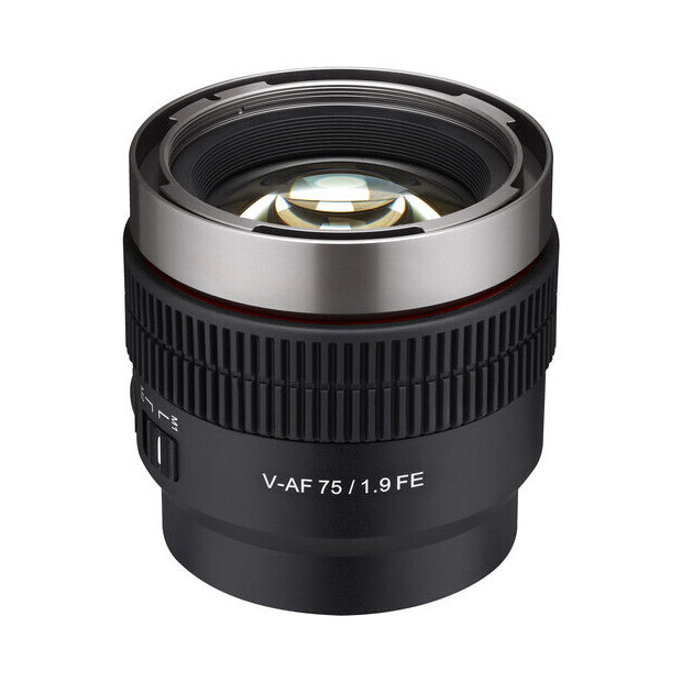 Front view of Samyang V-AF 75mm T1.9 FE lens showing barrel, focus ring, and glass elements against white background.