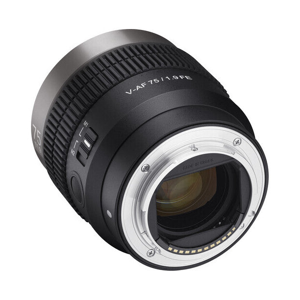 Black telephoto lens shown at three-quarter angle, displaying barrel, focus ring, and white rear mount against white background.
