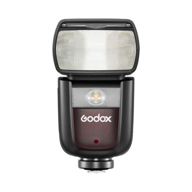 Front view of black Godox V860III camera flash with illuminated flash head and burgundy lower body against white background.