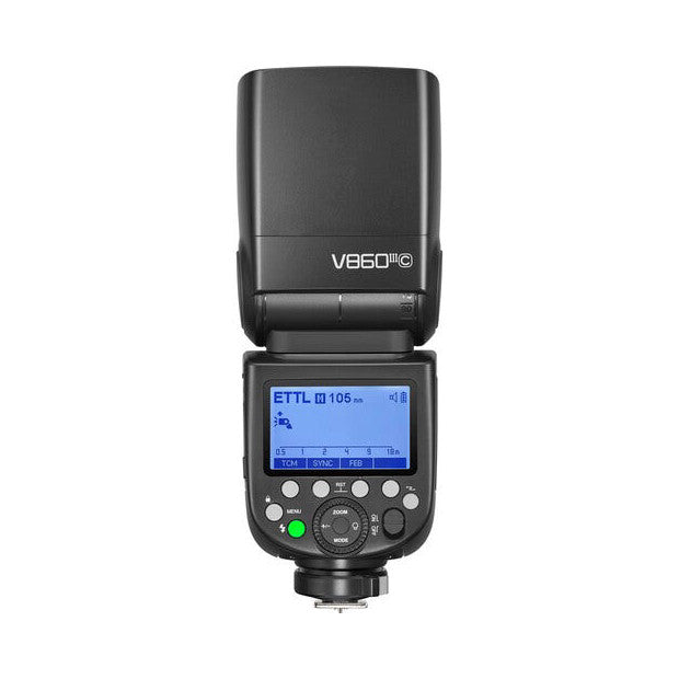 Black Godox V860III camera flash shown from front angle displaying LCD screen with settings and control buttons.