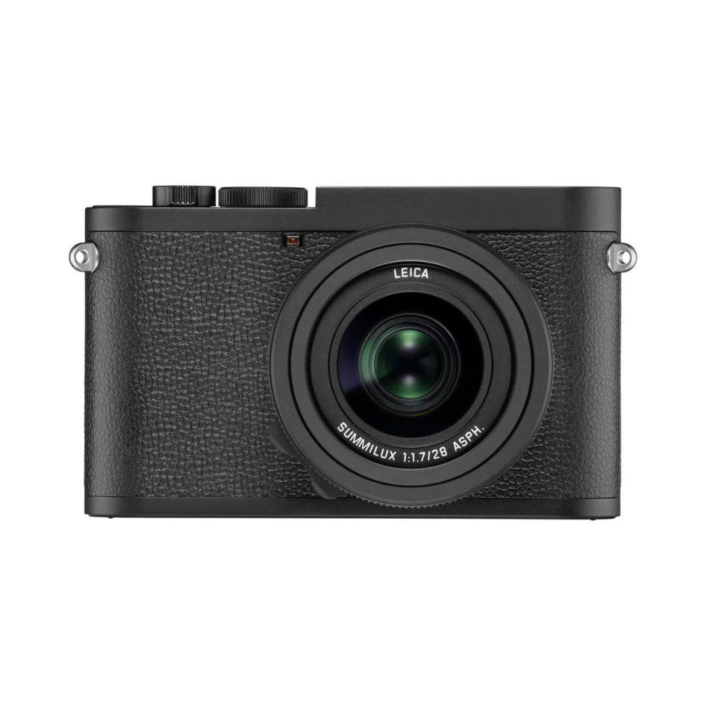 Top-down front view of a black Leica Q2 Monochrome compact camera showing the lens, viewfinder, and textured body grip.