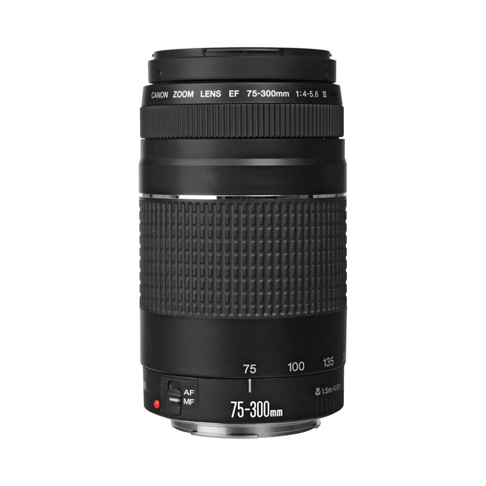 Black Canon zoom lens shown straight-on, displaying focal length markings 75-300mm and f/4-5.6 specifications on barrel and front elements.