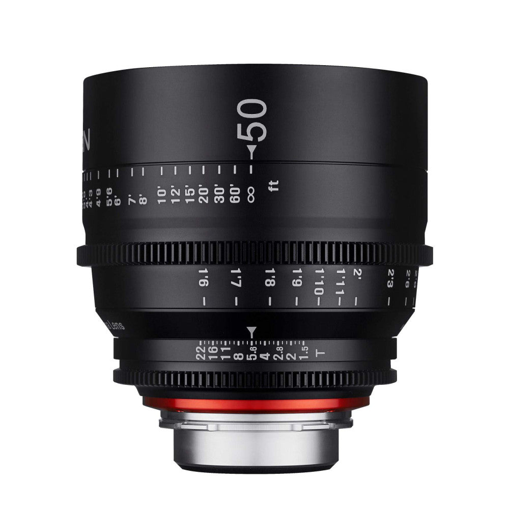 Front view of black cinema lens showing 50mm focal length markings, focus ring with distance scale, and red Canon EF mount ring at base.
