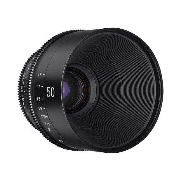 Side view of a black Samyang XEEN 50mm cinema lens showing the focus ring, focal length markings, and front glass element.