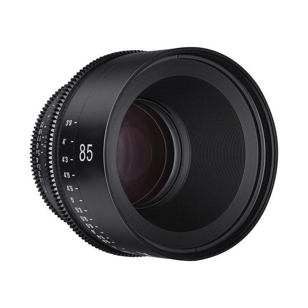 Black cinema lens shown from the front-left angle, displaying the 85mm focal length marking and focus ring against a white background.