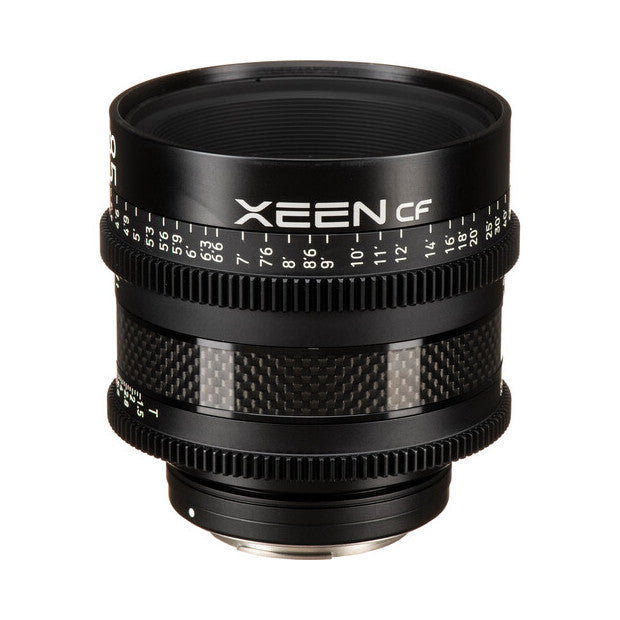 Front view of Samyang XEEN 85mm cine lens showing focus ring with distance markings and carbon fiber detail band against white background.