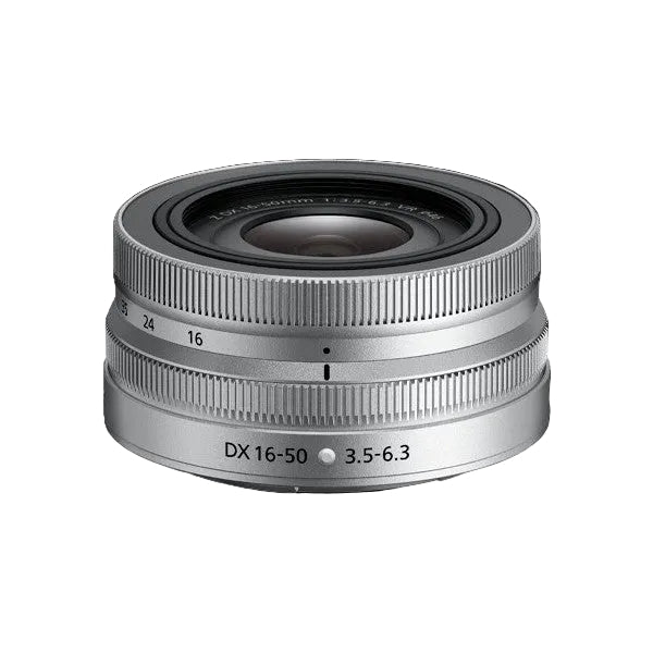Silver Nikon Z DX 16-50mm zoom lens shown from front angle against black background, displaying focal length markings and aperture specifications.