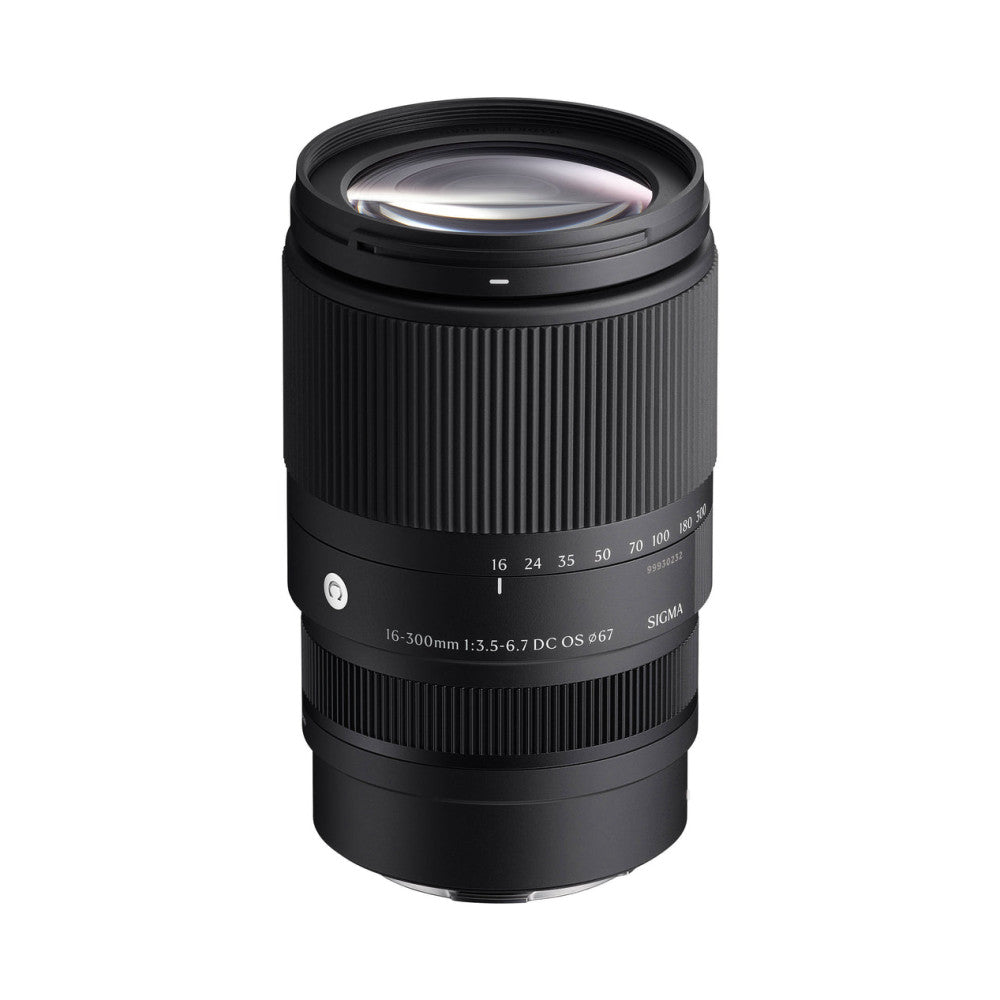 Black telephoto zoom lens displayed at three-quarter angle against white background, showing barrel, focus ring, and front optics element.