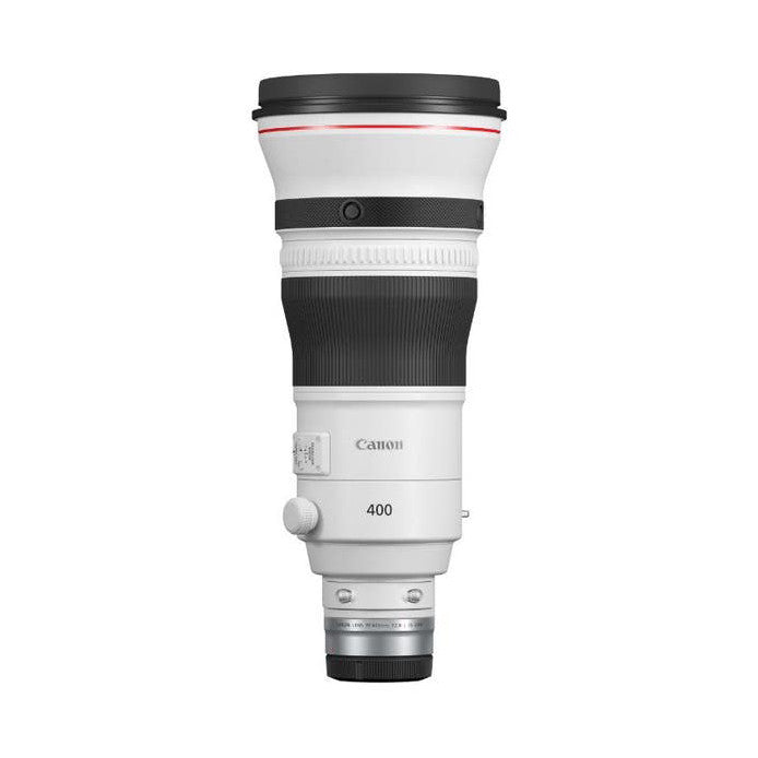 Canon RF 400mm f/2.8L IS USM telephoto lens displayed against white background, front view showing white barrel with black focus ring and controls.