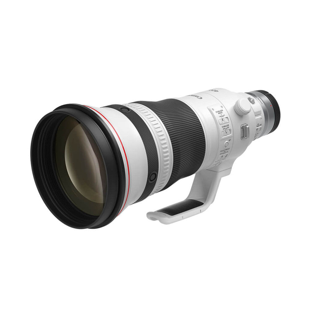 Canon RF 400mm f/2.8L IS USM telephoto lens shown from side angle against white background, displaying front element, white barrel, and black grip.