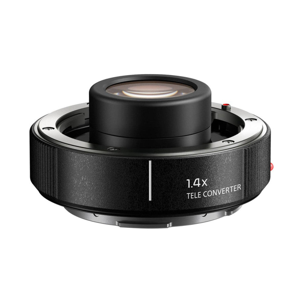 Black cylindrical 1.4x teleconverter with silver mount shown from front angle against white background