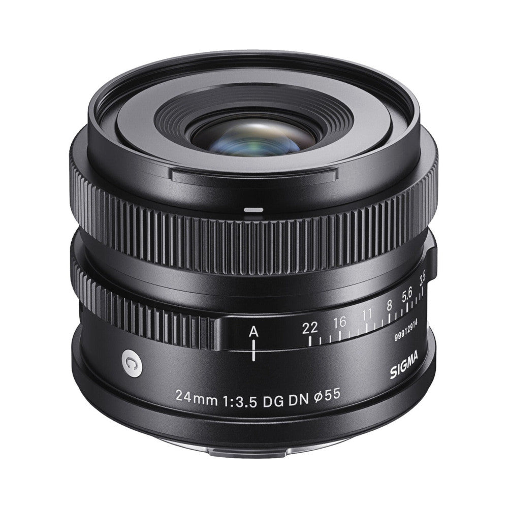 Front view of a black Sigma 24mm f/3.5 wide-angle lens showing the front element, focus ring with distance scale, and product markings against a white background.