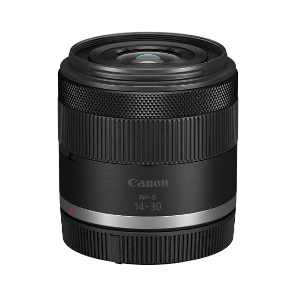 Black Canon RF 14-30mm zoom lens photographed against white background, showing front lens element and barrel details.