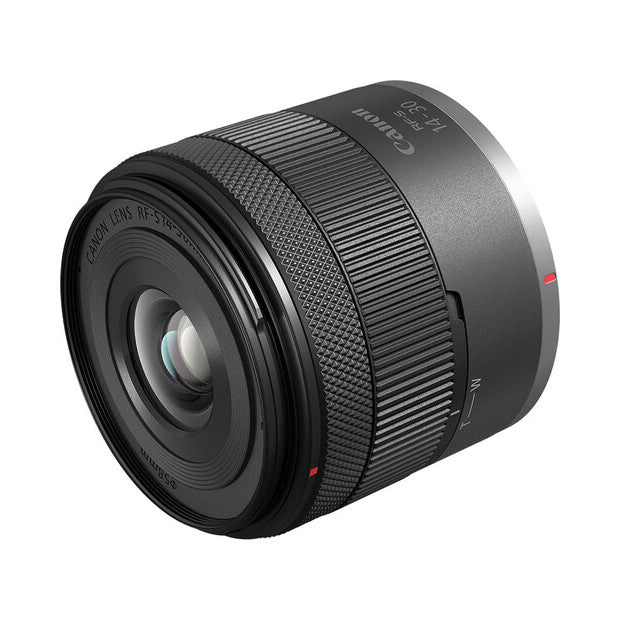 Canon RF 14-30mm zoom lens displayed at an angle against white background, showing front glass element and black barrel with Canon branding.