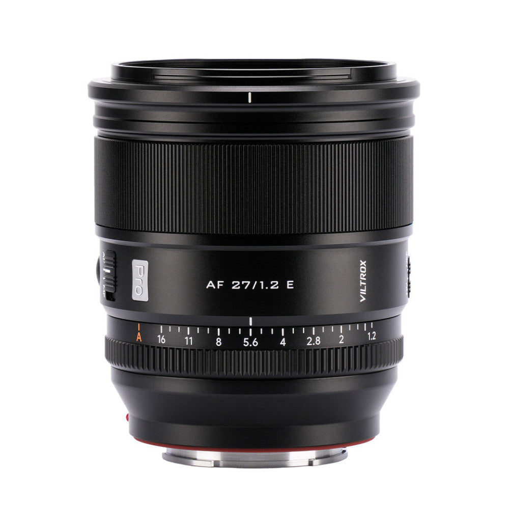 Black Viltrox AF 27mm F1.2 PRO lens shown from front angle against white background, displaying focus ring and aperture scale markings.