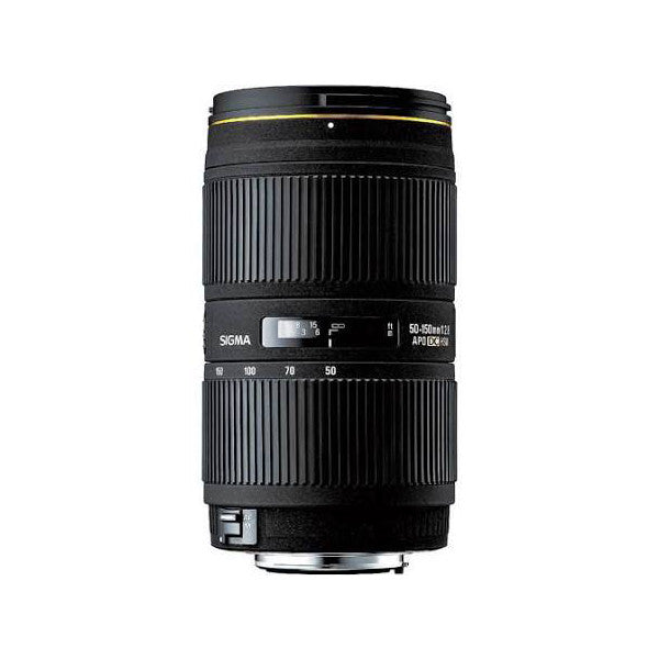 Black telephoto lens shown from front angle, displaying focal length markings 50-150mm and Sigma branding on barrel.