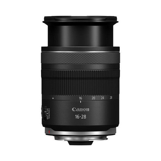 Front view of Canon RF 16-28mm f/2.8 IS STM lens showing barrel, focus ring, and focal length markings against white background.