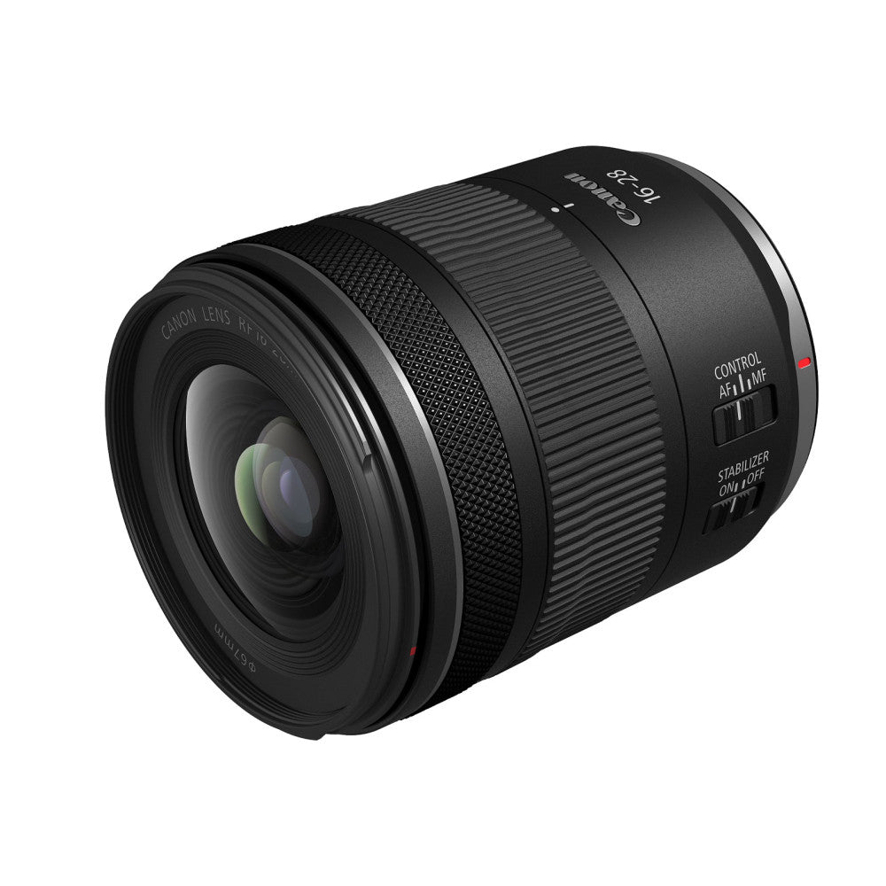 Canon RF 16-28mm f/2.8 IS STM lens displayed at an angle, showing the front element, barrel with control rings, and side-mounted AF and stabilizer switches.