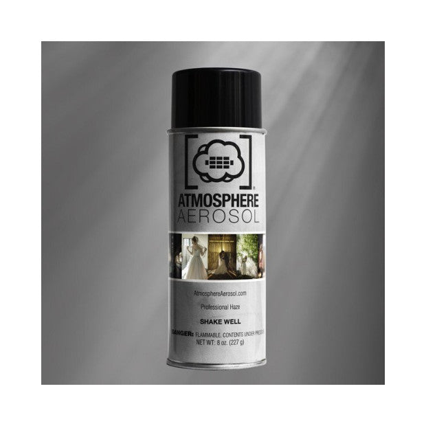 Single aerosol spray can with black cap against gray background, front label showing Atmosphere Aerosol branding and product information.