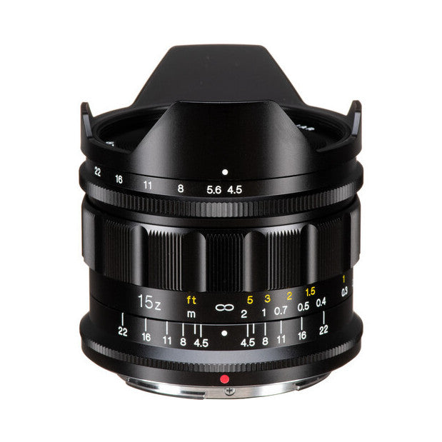 Front view of Voigtlander 15mm f4.5 Super Heliar lens showing aperture ring, focus scale, and lens hood against white background.