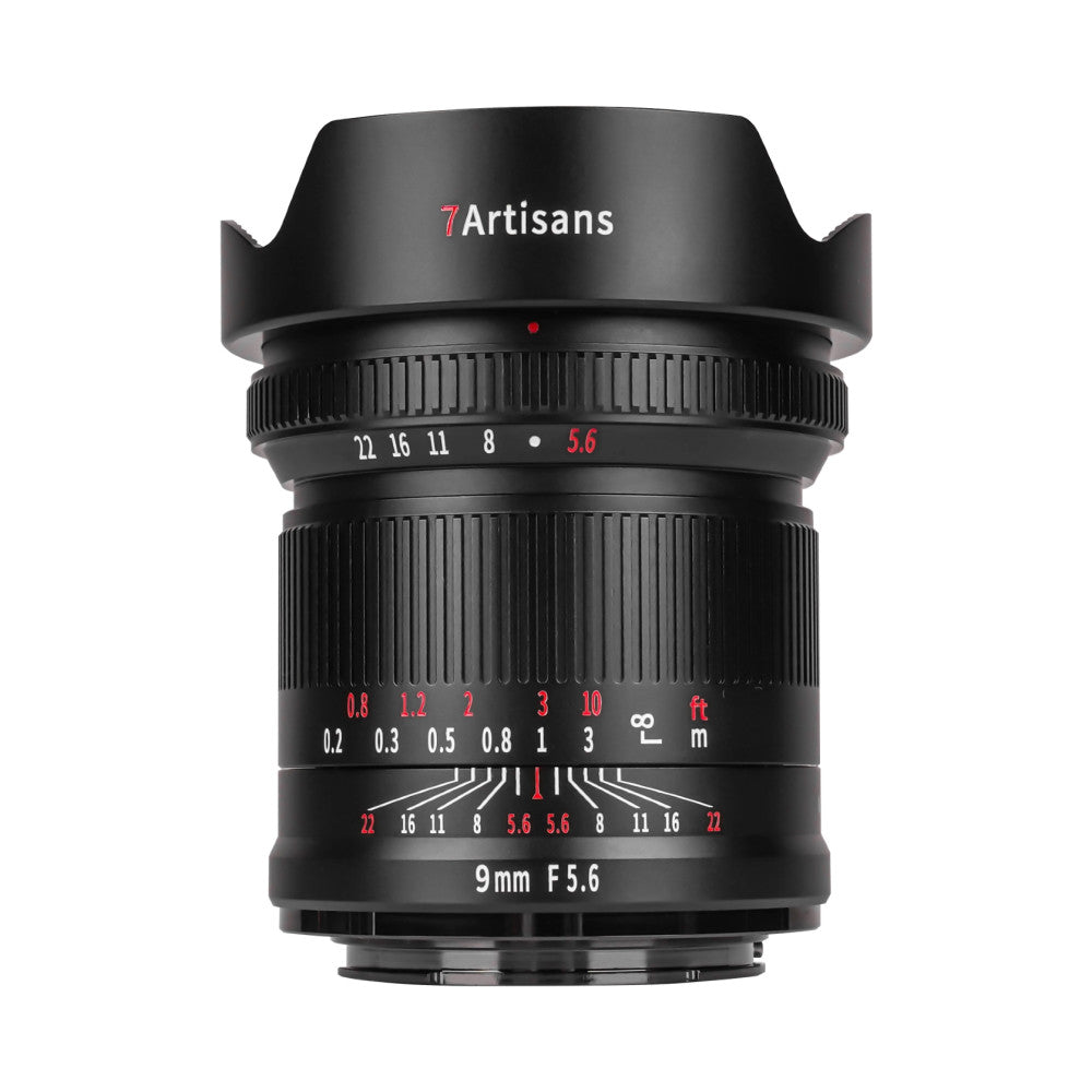 Front view of a black 7Artisans 9mm f/5.6 wide-angle lens with aperture ring, focus scale, and lens hood against white background.
