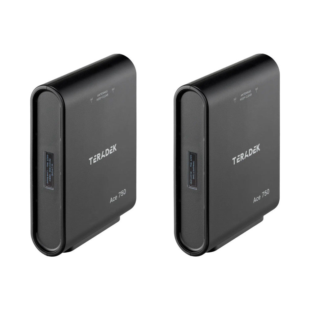 Two black Teradek Ace 750 wireless video transmission units shown from the side angle against a white background.