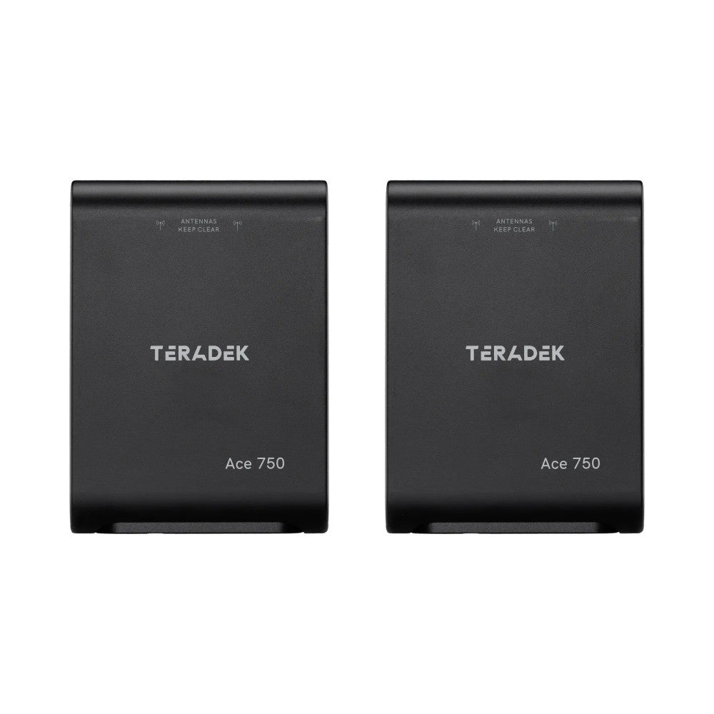 Two black rectangular Teradek Ace 750 wireless video units shown front-facing side by side against white background.