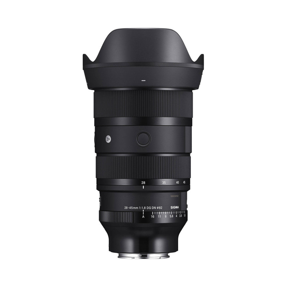 Front view of a black Sigma 28-45mm zoom lens with hood attached, showing focal length markings and aperture ring against a white background.
