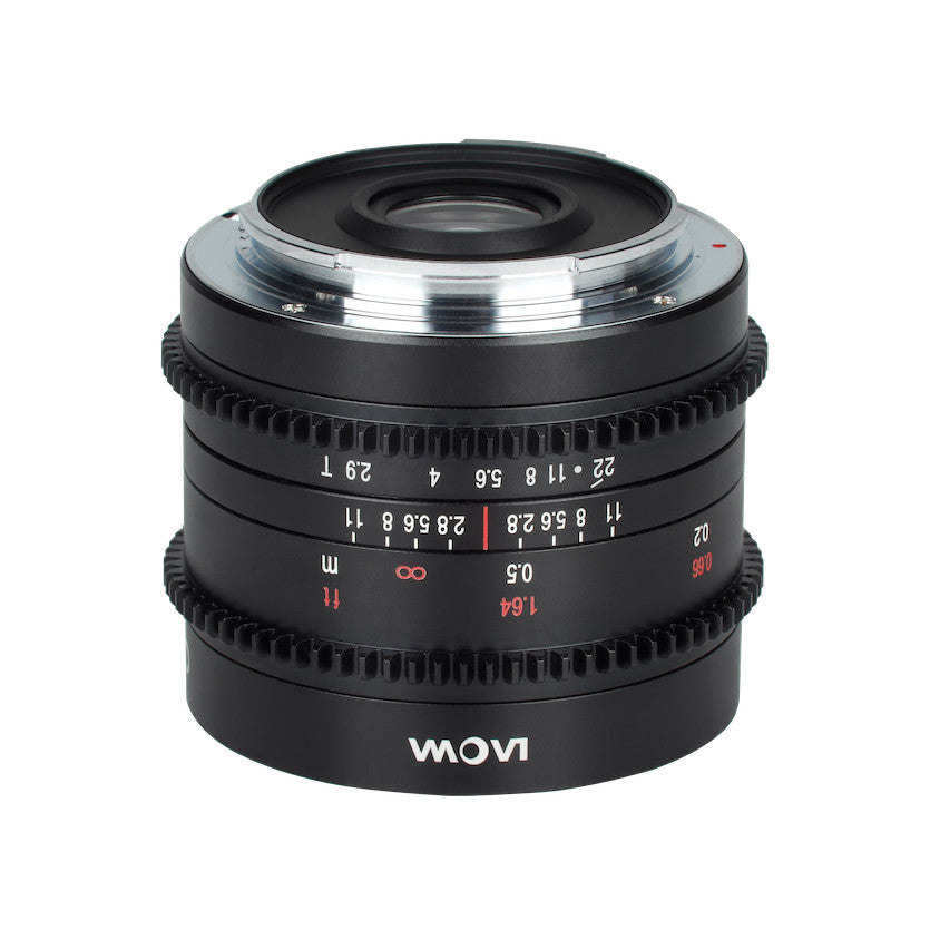 Black cinema lens with focus and aperture rings shown front-on against white background, displaying Laowa branding and MFT mount.