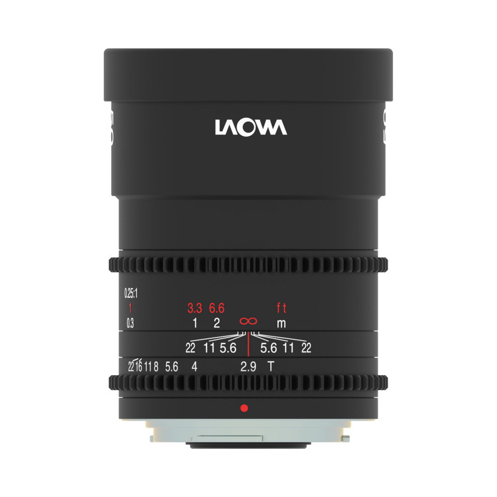 Top-down view of black Laowa macro cine lens showing focus ring, aperture markings, and MFT mount base against white background.